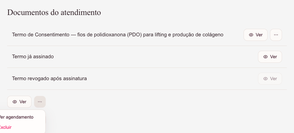 Ações da ficha com Excluir e Ver agendamento, usando dados fictícios.