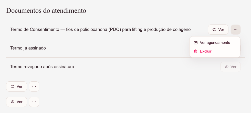 Termos gerados com menu com Excluir e Ver agendamento, usando dados fictícios.