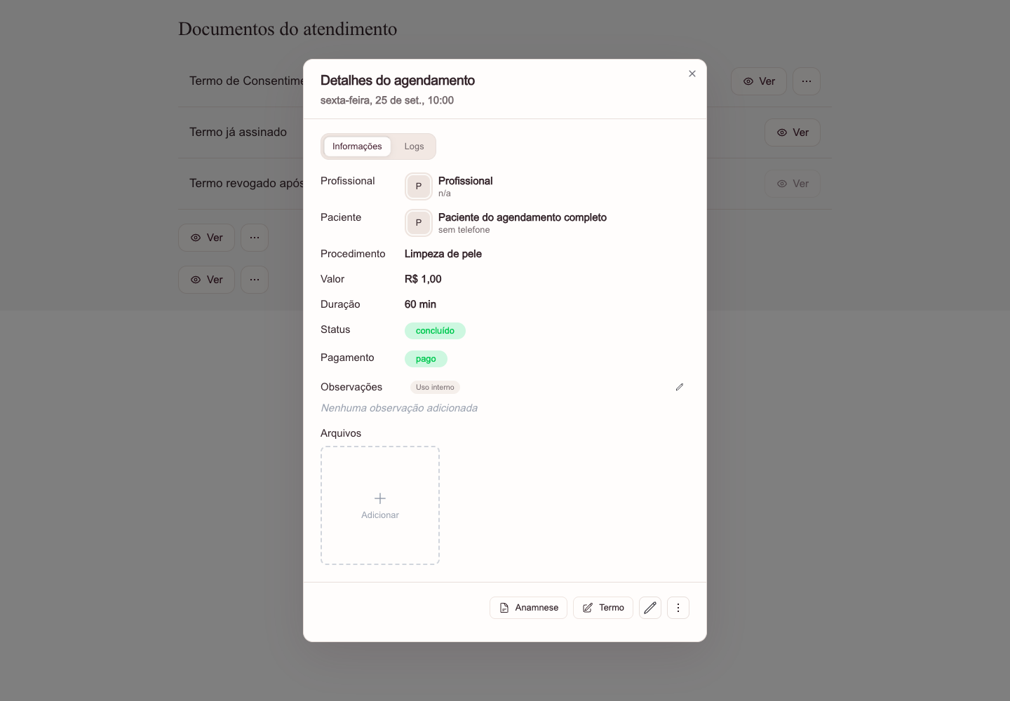 Detalhes do agendamento abertos sobre a lista de documentos, com dados fictícios.