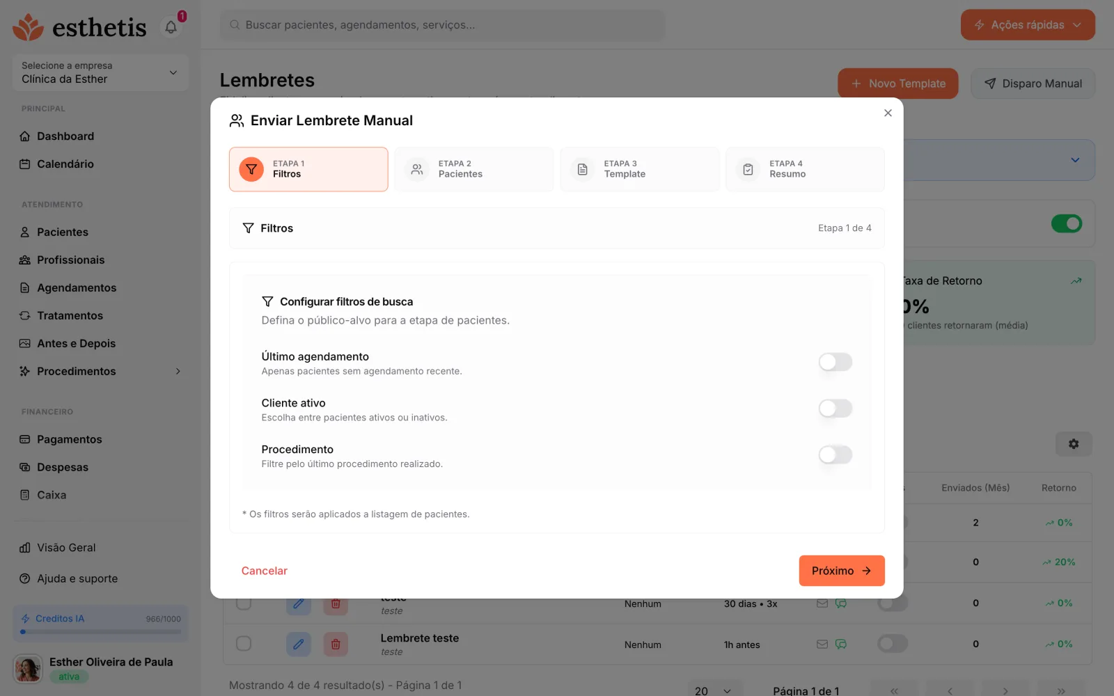 Modal de Disparo Manual de lembrete no Esthetis, na etapa de filtros de busca de pacientes
