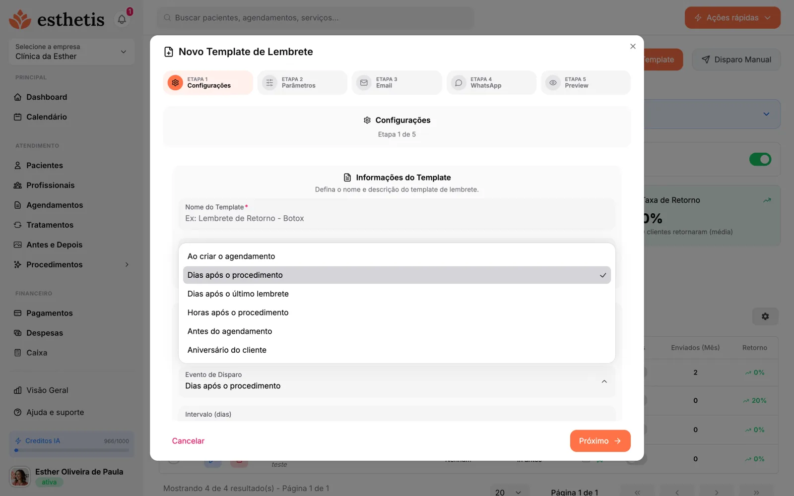 Menu Evento de Disparo aberto ao criar um template de lembrete no Esthetis, com as seis opções