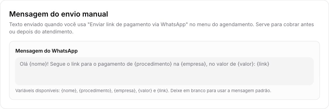 Card Mensagem do envio manual em Configurações > Pagamentos