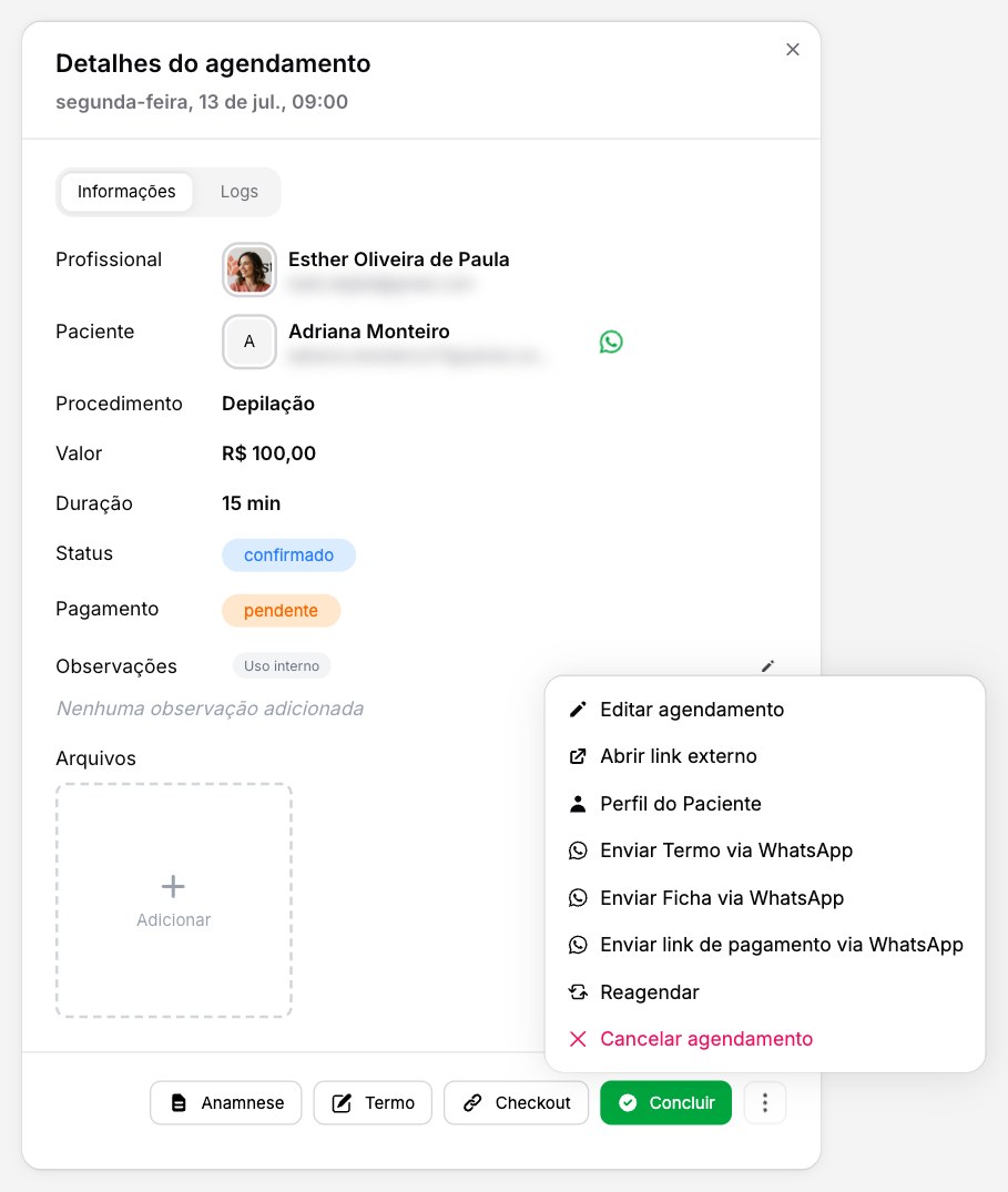 Menu do agendamento com a opção Enviar link de pagamento via WhatsApp