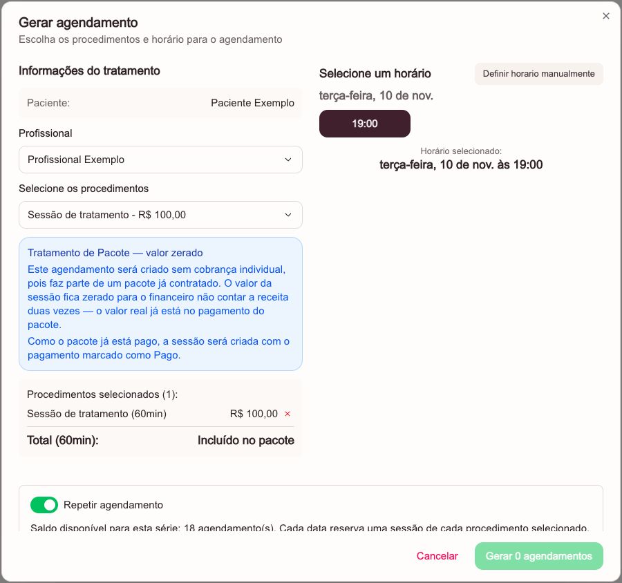 Agendamento do tratamento com data e horário selecionados e botão Configurar recorrência no rodapé.