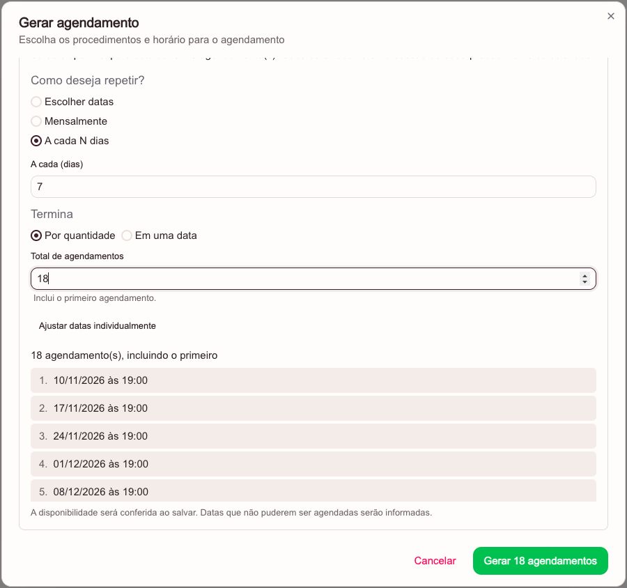 Recorrência semanal configurada a cada 7 dias com total de 18 agendamentos e prévia das sessões.