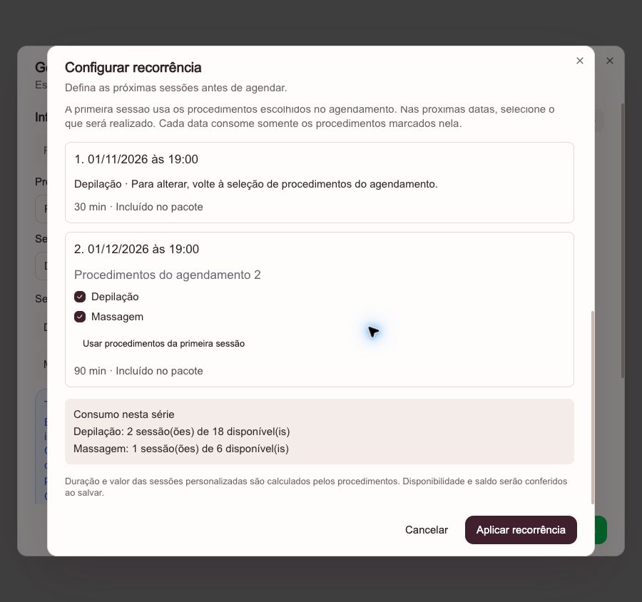 Modal separado de configuração da recorrência, com primeiro agendamento, frequência mensal, quantidade e botão Aplicar recorrência.