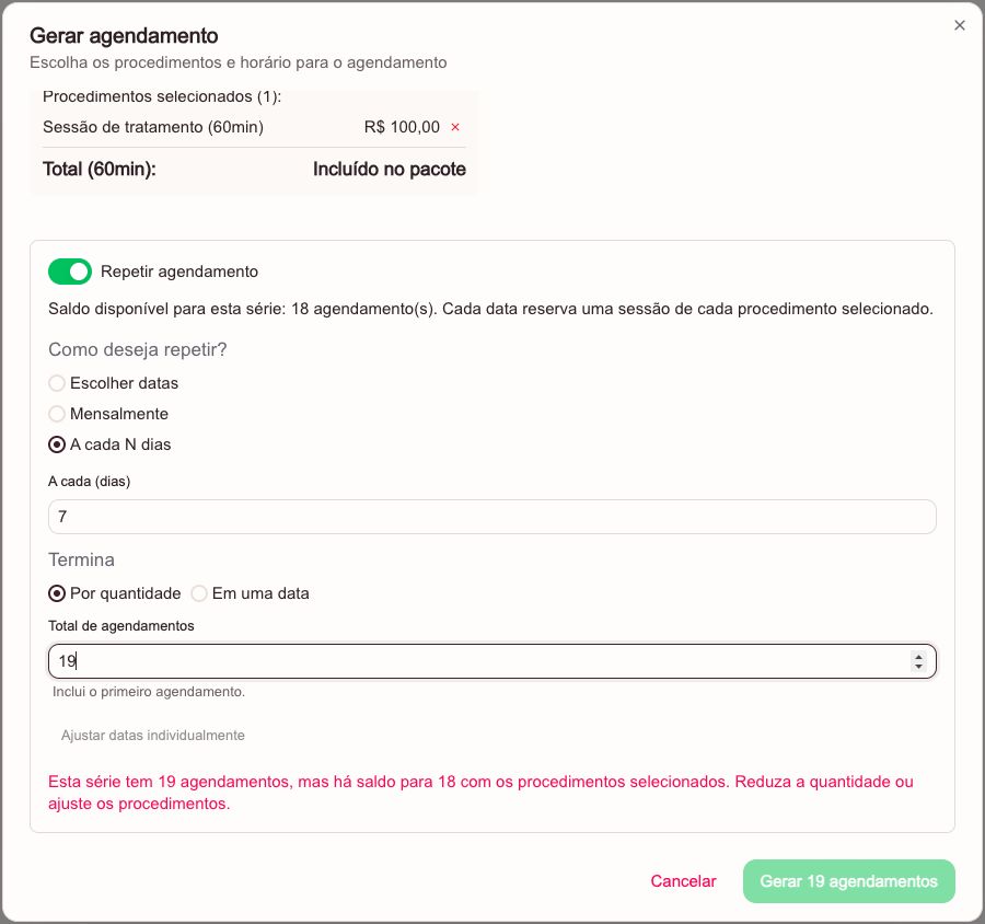 Formulário bloqueia 19 agendamentos quando o pacote tem saldo para somente 18 visitas.