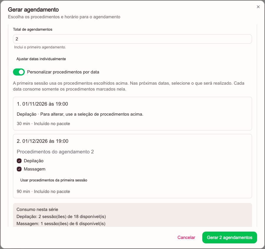 Duas sessões do mesmo pacote: primeira com depilação de 30 minutos e segunda com depilação e massagem de 90 minutos, com consumo por procedimento.