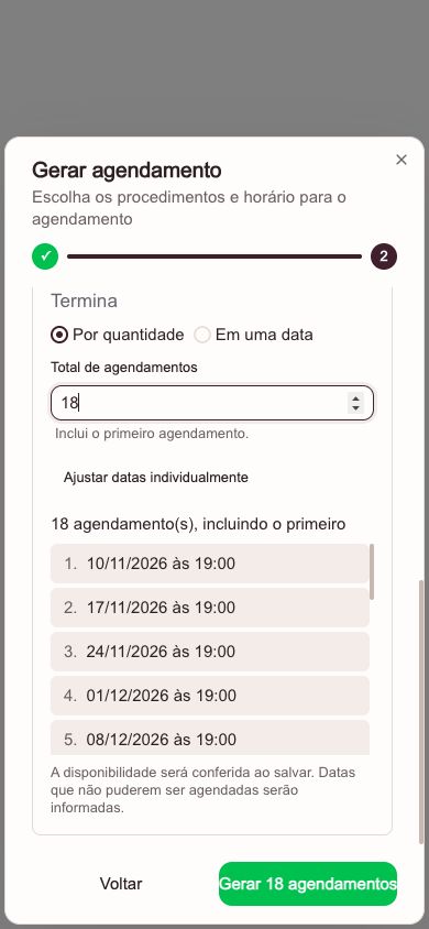 Tela do celular com recorrência de tratamento semanal, quantidade de 18 sessões e lista de datas.