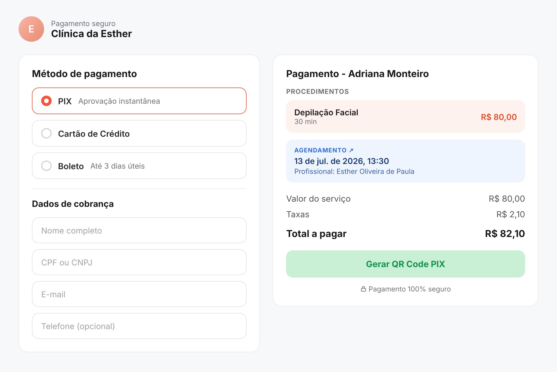 Checkout visto pelo paciente com métodos de pagamento e linha de taxas