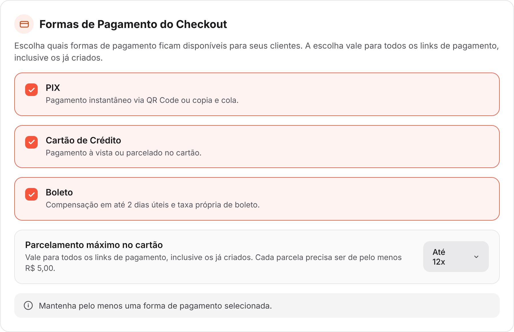 Card Formas de Pagamento do Checkout com PIX, cartão, boleto e parcelamento máximo