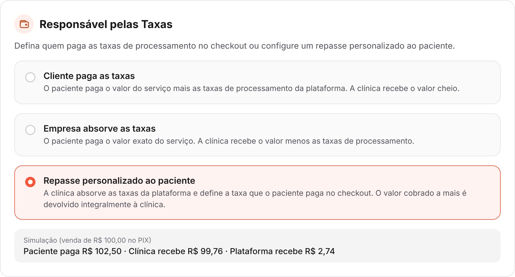 Card Responsável pelas Taxas com os três modos de cobrança