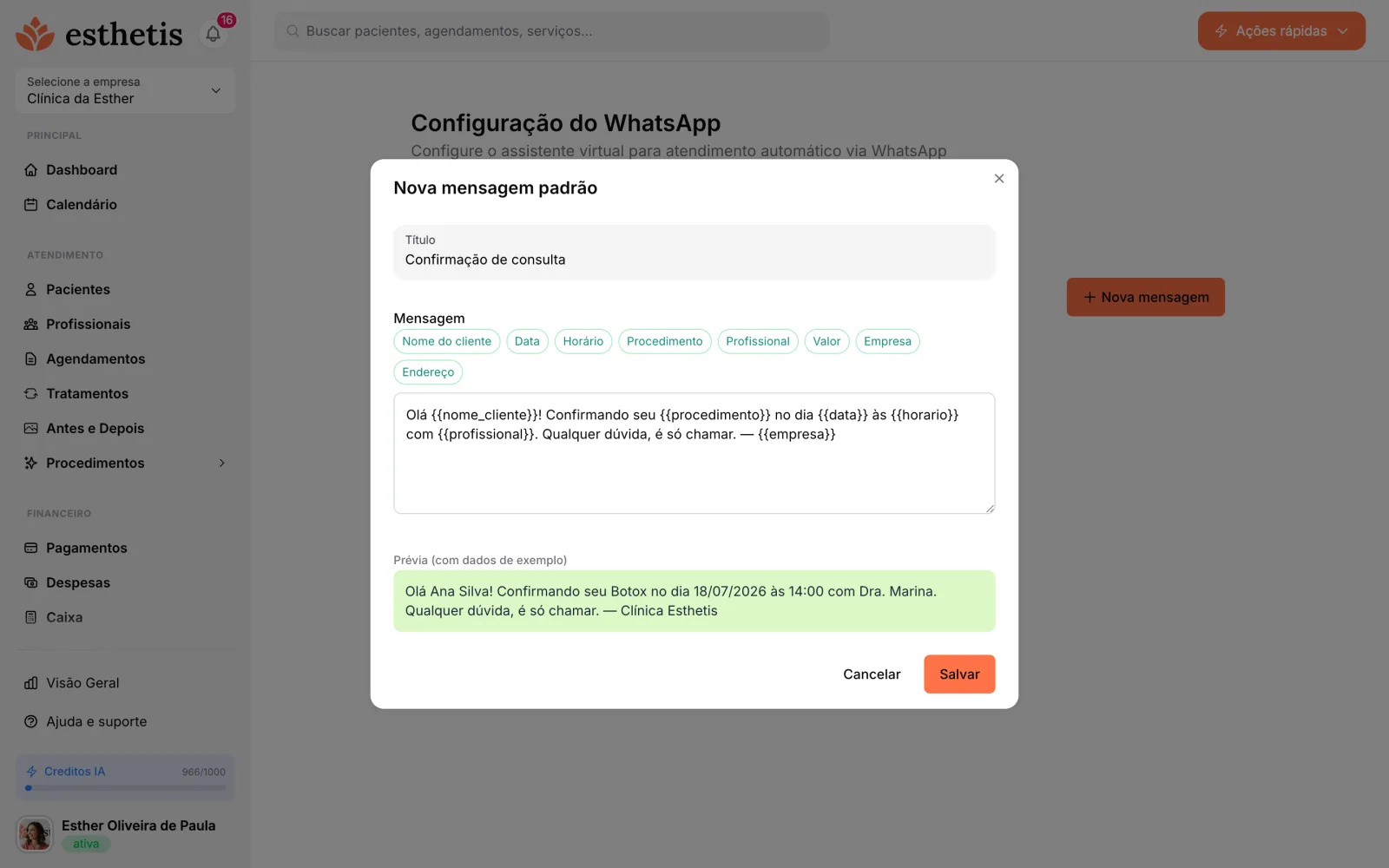 Modal Nova mensagem padrão do Esthetis com as etiquetas de variáveis, o texto e a prévia com dados de exemplo